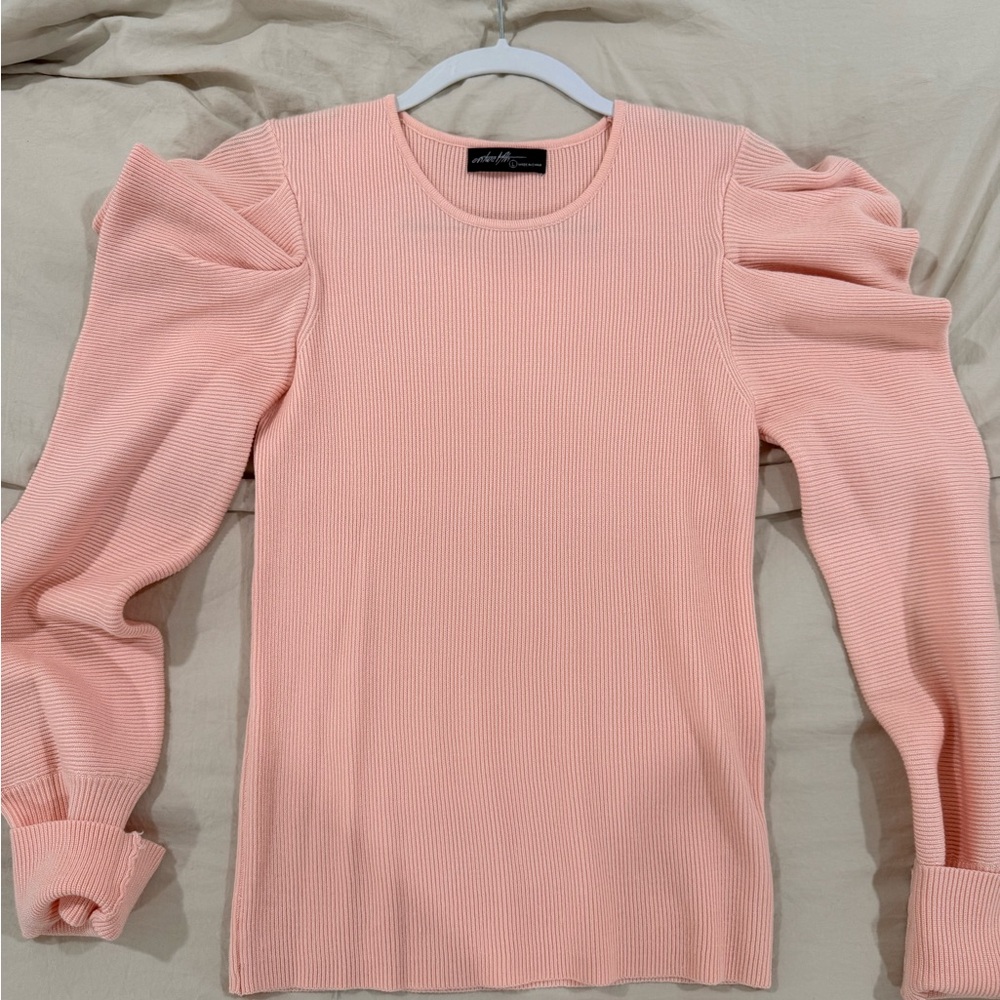 Textured Puff-Sleeve Rib Knit Top - light Pink